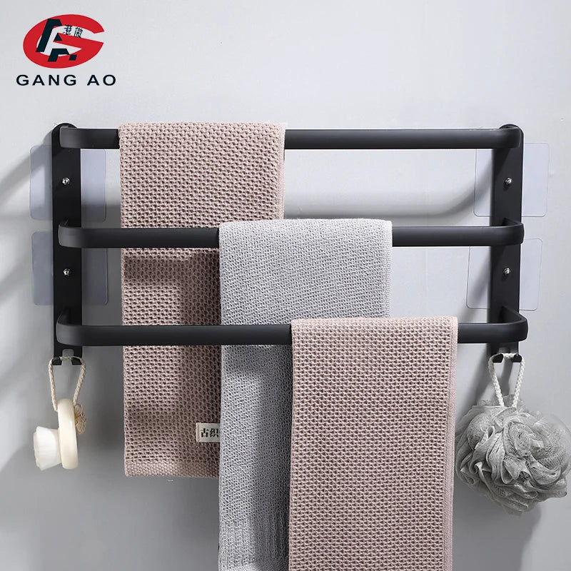 Matte Black Double Towel Bar Wall Mounted Aluminum Rack 30–50cm