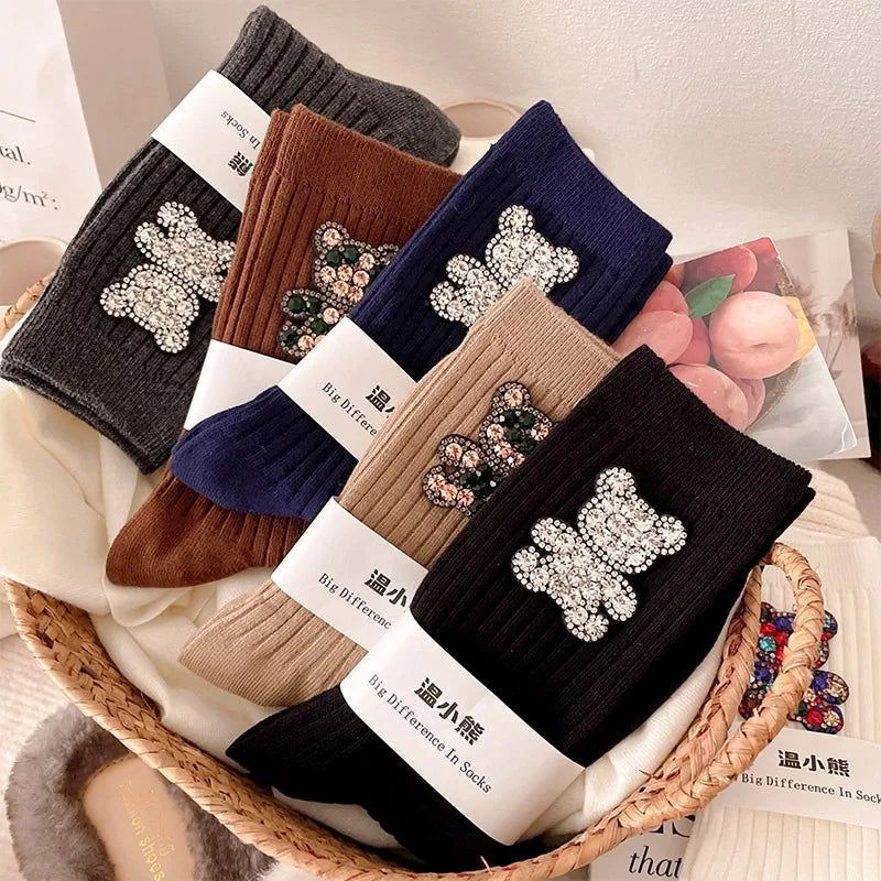 Diamond Cartoon Bear Decorative Socks, Fashionable Diamond Sparkling Women's Socks, Comfortable And Breathable Christmas Socks Peaceful Pleasures Health and Wellness