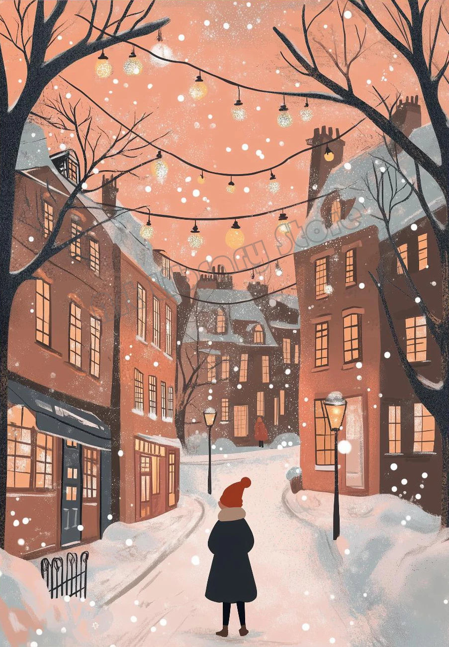 Snowy Christmas Village Canvas Wall Art | Unframed Holiday Print
