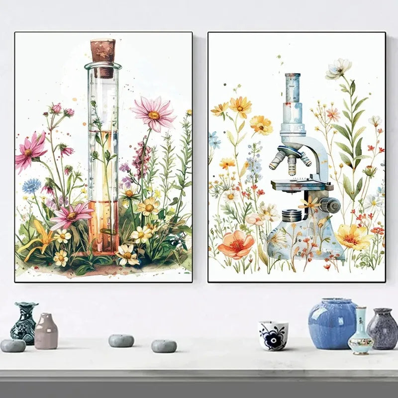 Retro Science Microscope Botanical Canvas Wall Art Poster Print Canvas Wall Art Peaceful Pleasures Health and Wellness
