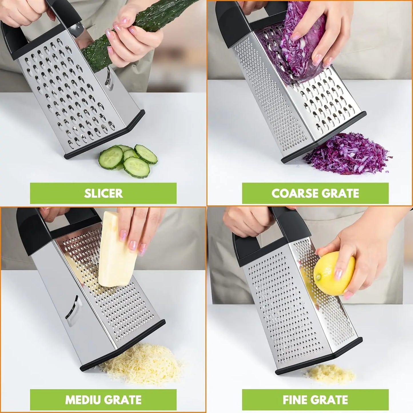 4-Sided Stainless Steel Box Cheese Grater with Container