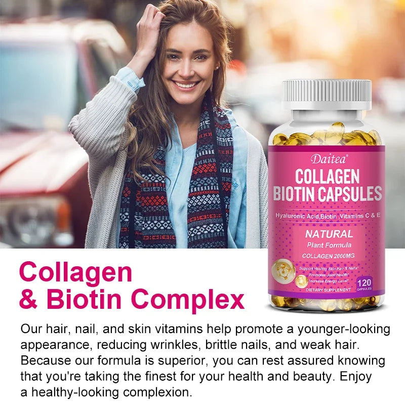 Collagen Biotin Supplement - Hyaluronic Acid Biotin Vitamin C E - Hair Skin Nails Joint Support and Energy Boost Vegan Capsules Peaceful Pleasures Health and Wellness