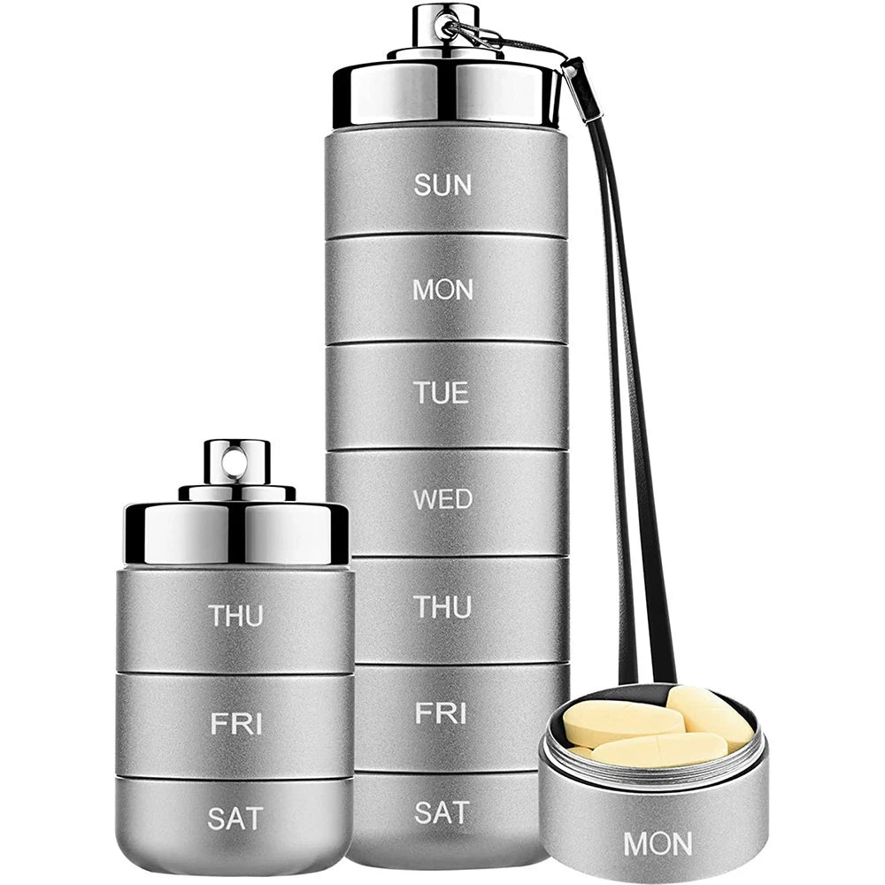 New Portable Pill Case for Travel Metal Pill Organizer Waterproof Pill Box Pill Case Container Medicine Bottle Organizer Weekly Peaceful Pleasures Health and Wellness 01 Silver