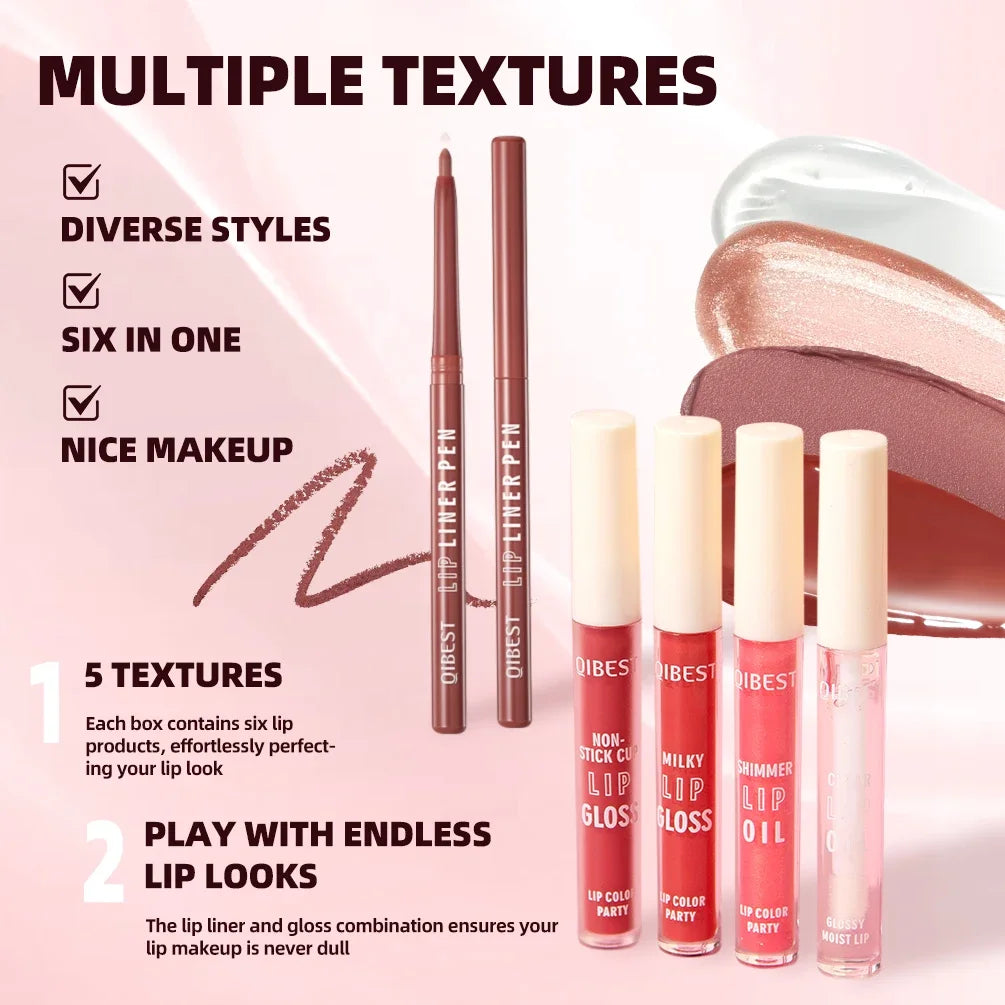 QIBEST 6 PCS Lip Color Makeup Sets Include 2*Lipliner,1 Matte Liquid Lipstick,2 Mirror Lip Glaze And 1 Transparent Lip Oil Balm Peaceful Pleasures Health and Wellness