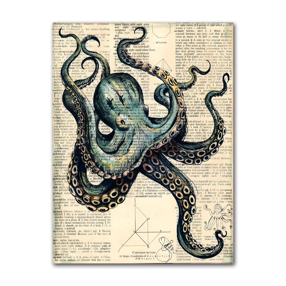 Poster Prints Nautical Coastal Wall Art Picture Antarctica Map Canvas Painting Home Wall Decor Kraken Octopus Tentacles Vintage Peaceful Pleasures Health and Wellness 2204-10 40x50cm Unframed