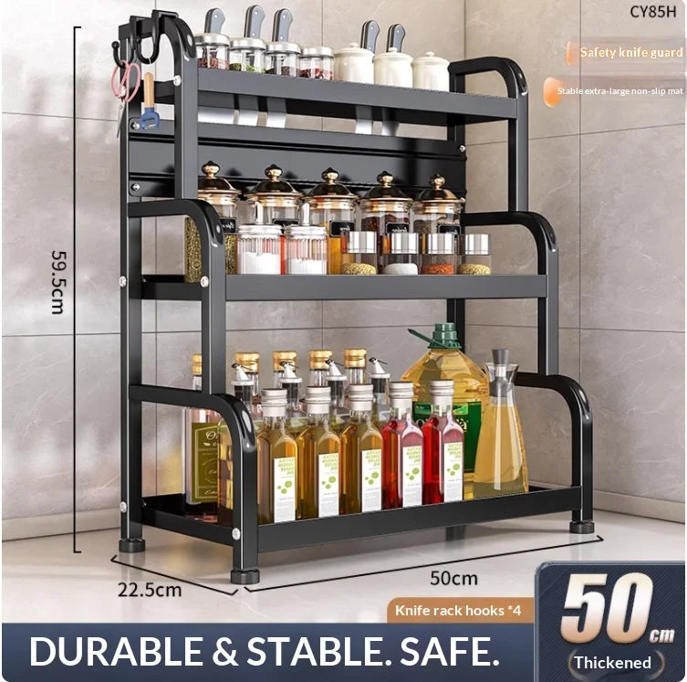 Modern Household Kitchen Spice Rack Countertop Storage Organizer Multifunctional Shelving Unit For Cooking Essentials Peaceful Pleasures Health and Wellness 50cm 3 Layers B