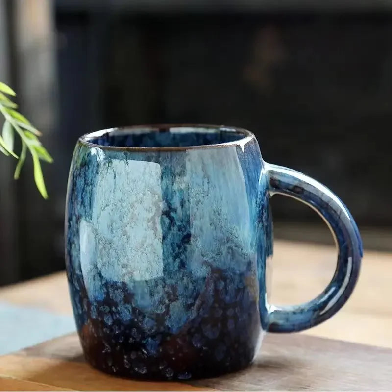 Creative and Personalized Mug Large Capacity Simple Ceramic Men's and Women's Couple Japanese Style Coffee Cup Peaceful Pleasures Health and Wellness Brown blue 400ML 401-500ml