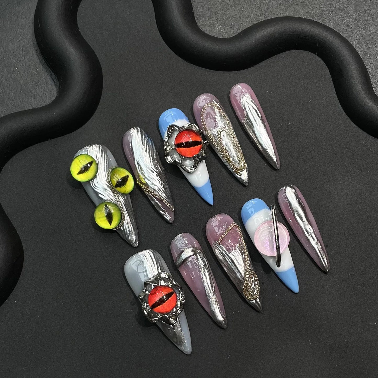 Gothic Y2K Metal Press-On Nails | Long Water Drop, 10pcs