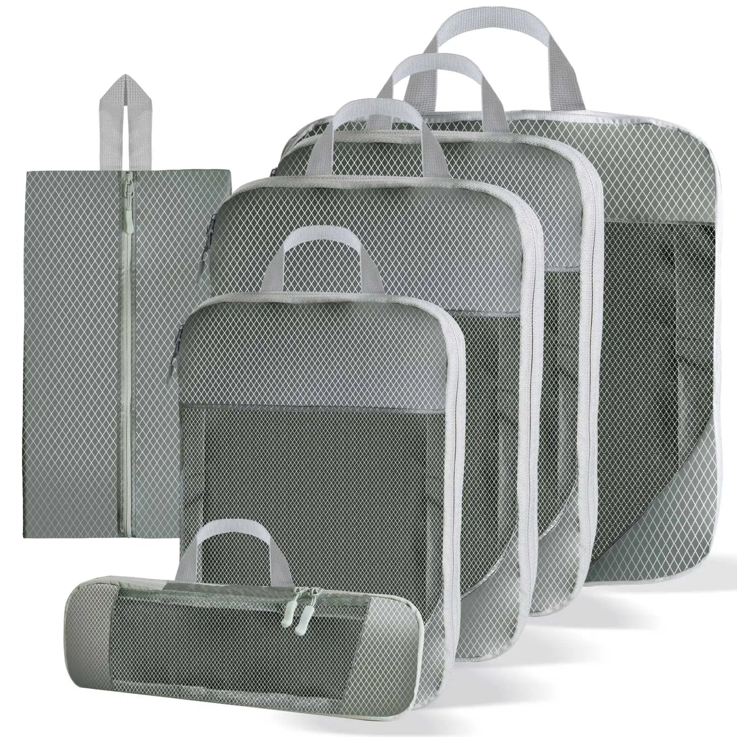 5/8pc Set Compression Packing Cube Extensible Waterproof Organizer Bags for Travel Suitcase Clothing Luggage Sorting W/ Shoe Bag Peaceful Pleasures Health and Wellness 6pcs gray