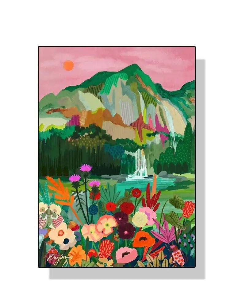 Nordic Flowers Mountain Lake Colorful Nature Landscape Travel Poster Canvas Print - Abstract Wall Art for Room Home Decor Peaceful Pleasures Health and Wellness