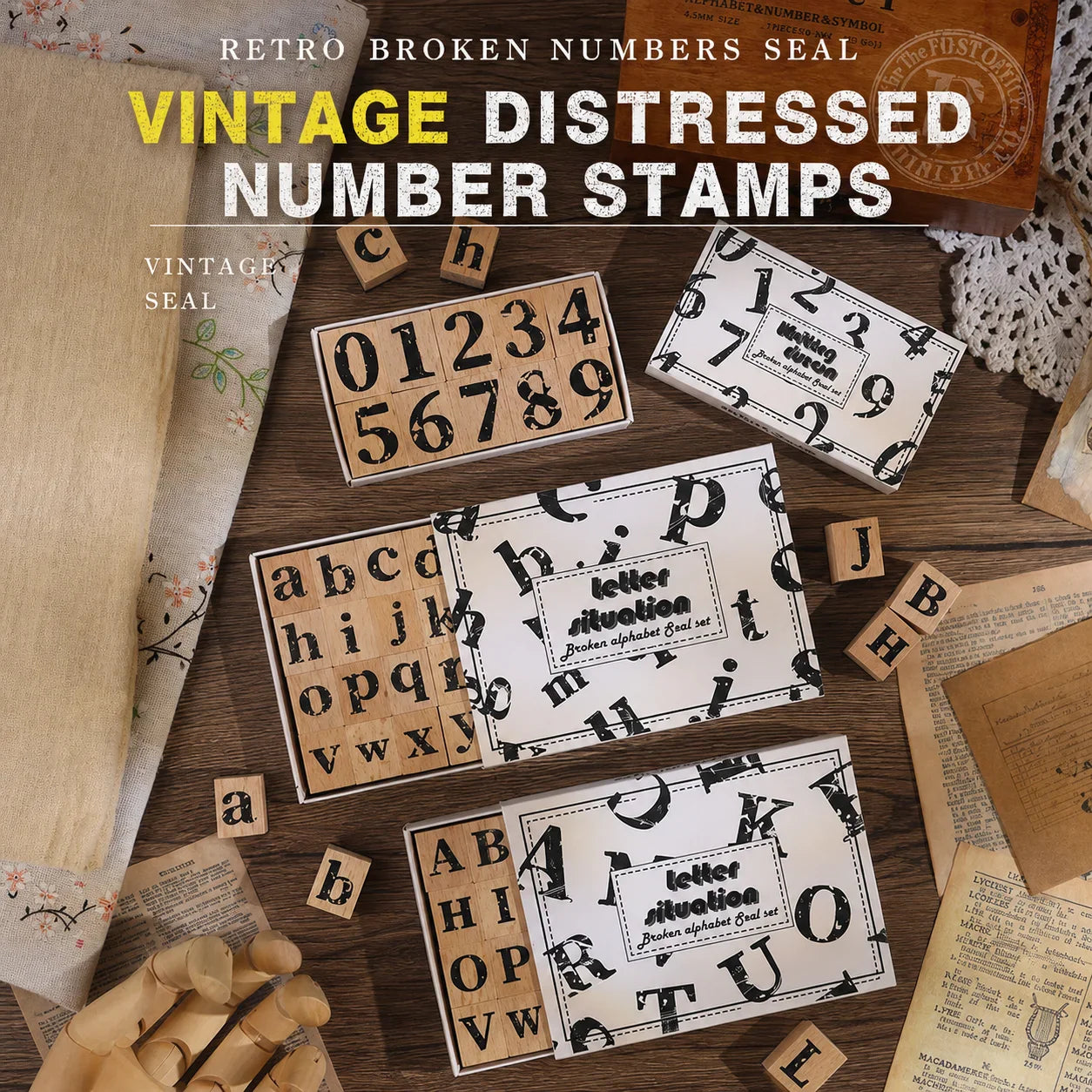 Vintage Broken Style Wooden Rubber Stamp Set – Letters & Numbers