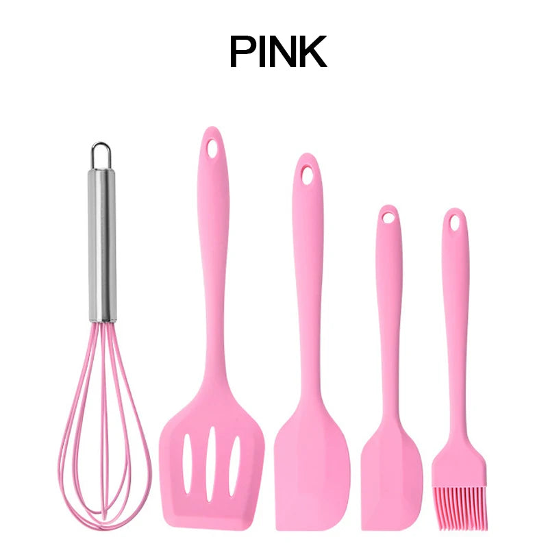 Silicone Kitchenware Cooking Utensils Set Non-stick Cookware Spatula Shovel Egg Beaters Wooden Handle Kitchen Cooking Tool Set Peaceful Pleasures Health and Wellness PINK