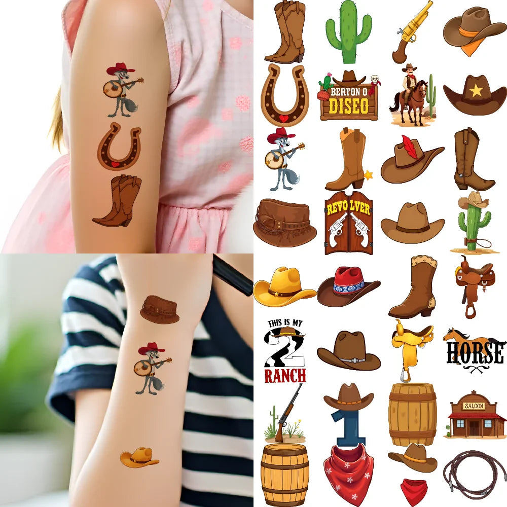 54-Piece Cowboy Temporary Tattoos for Kids – Waterproof Stickers