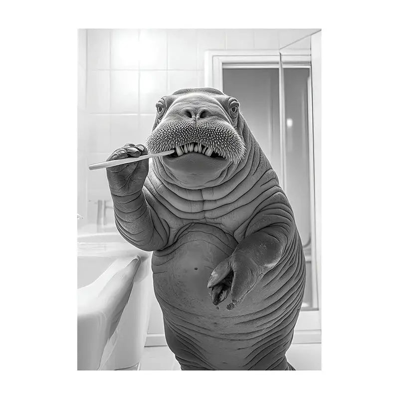 Funny Bathroom Animal Canvas Wall Art | Vintage Brushing Teeth