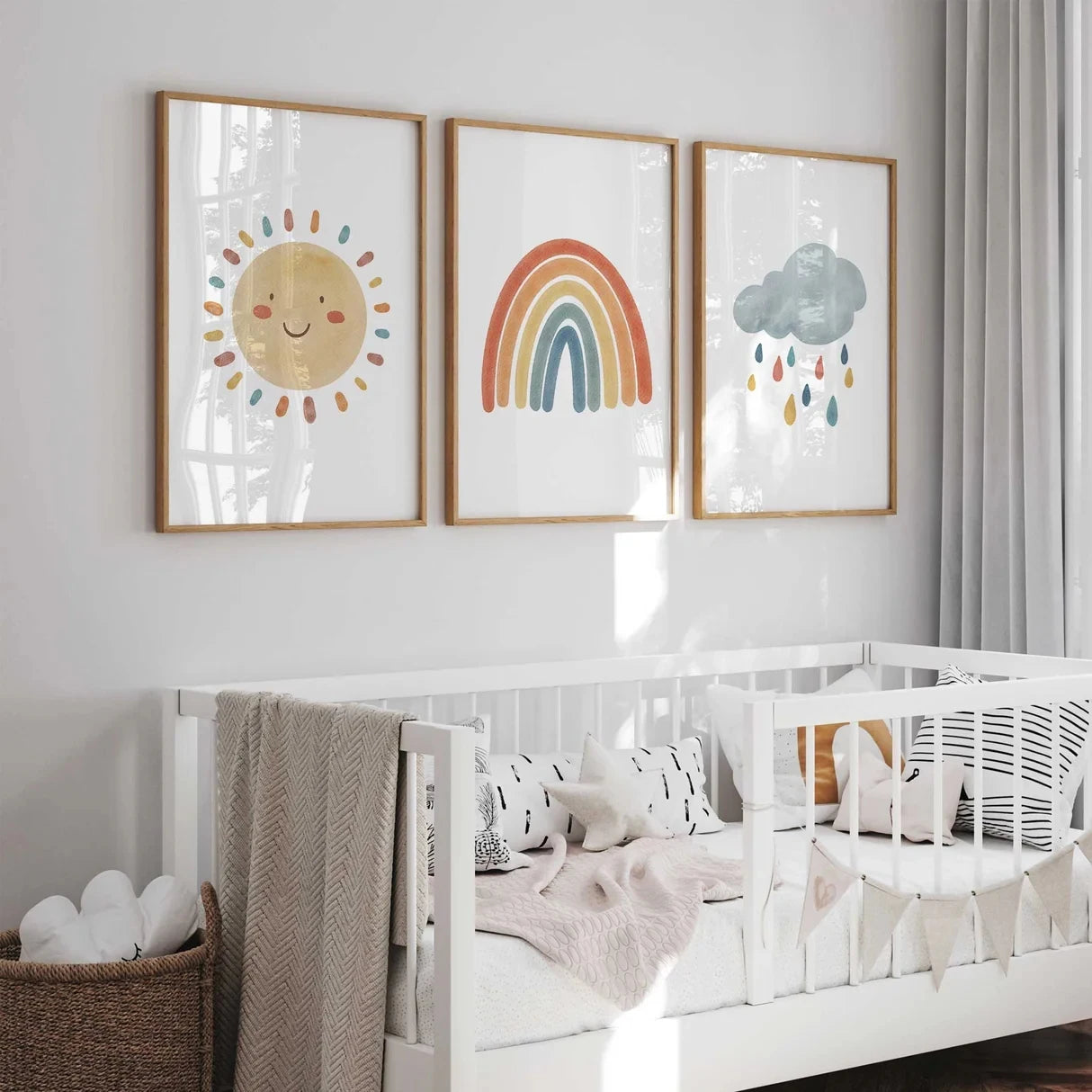3-Piece Cartoon Sun Rainbow Cloud Canvas Wall Art | Kids Decor