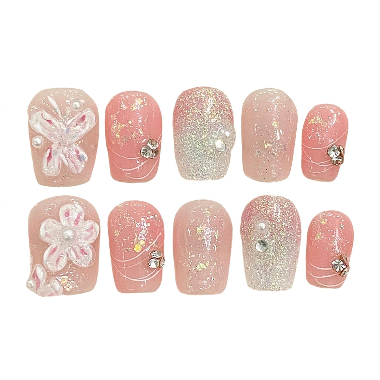 Handmade French Floral Press On Nails – Short Reusable Resin Set