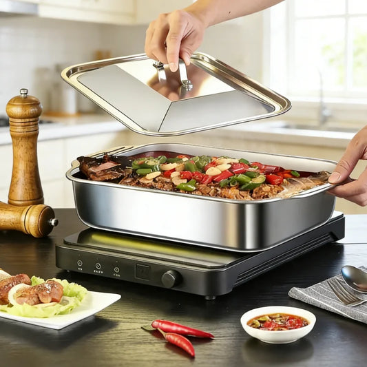 Stainless Steel Fish Grill Tray with Lid | Round BBQ Plate BBQ Fish Grill Tray Peaceful Pleasures Health and Wellness 1Pcs