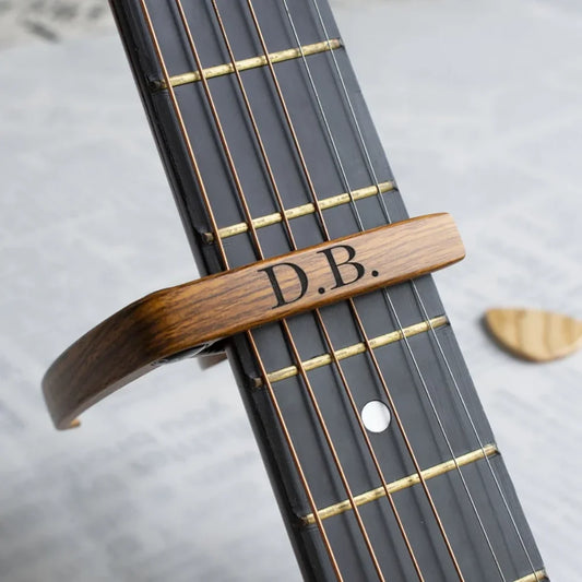 Personalized Metal Guitar Capo | Engraved Wood Grain Gift Personalized Guitar Capo Peaceful Pleasures Health and Wellness
