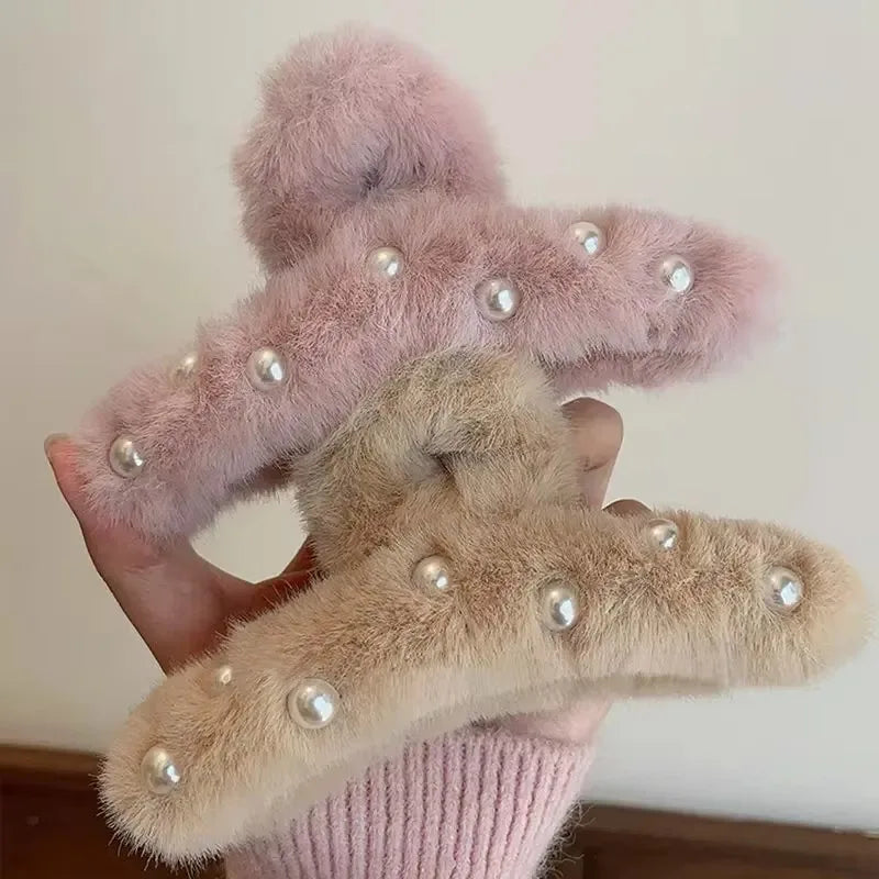 Sweet Hair Big Shark Clip Cute Pearl Plush Grab Clip At The Back of The Head Autumn and Winter Hair Accessories Hair Accessories Peaceful Pleasures Health and Wellness
