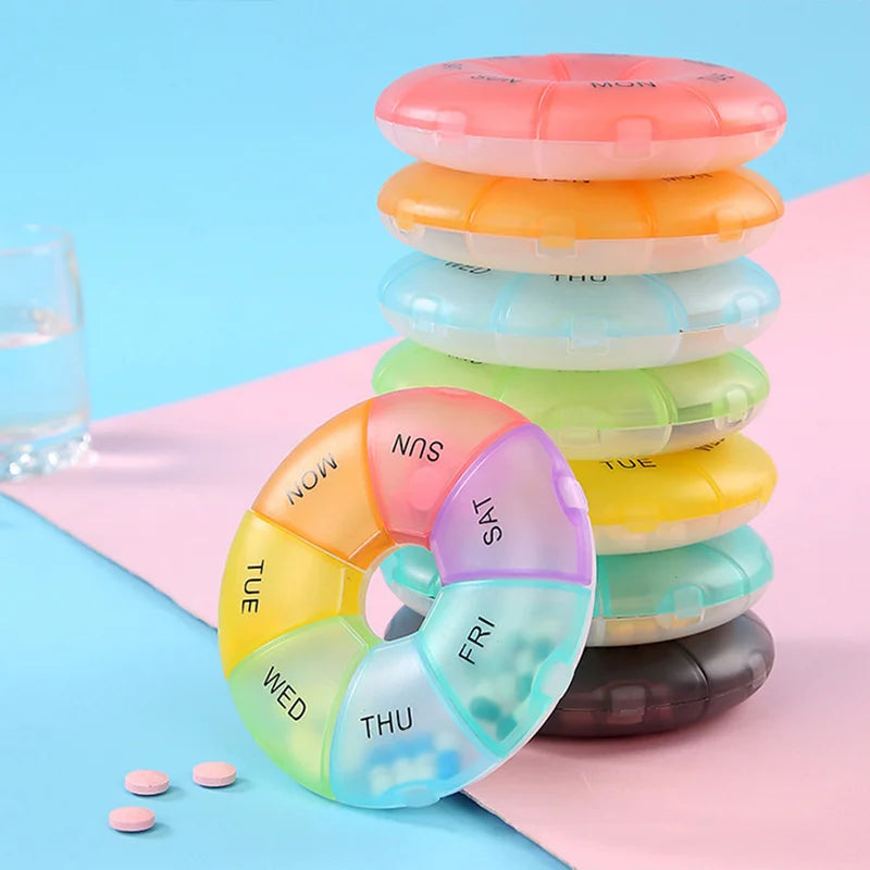 7-Day Round Weekly Pill Organizer – Portable Tablet Case