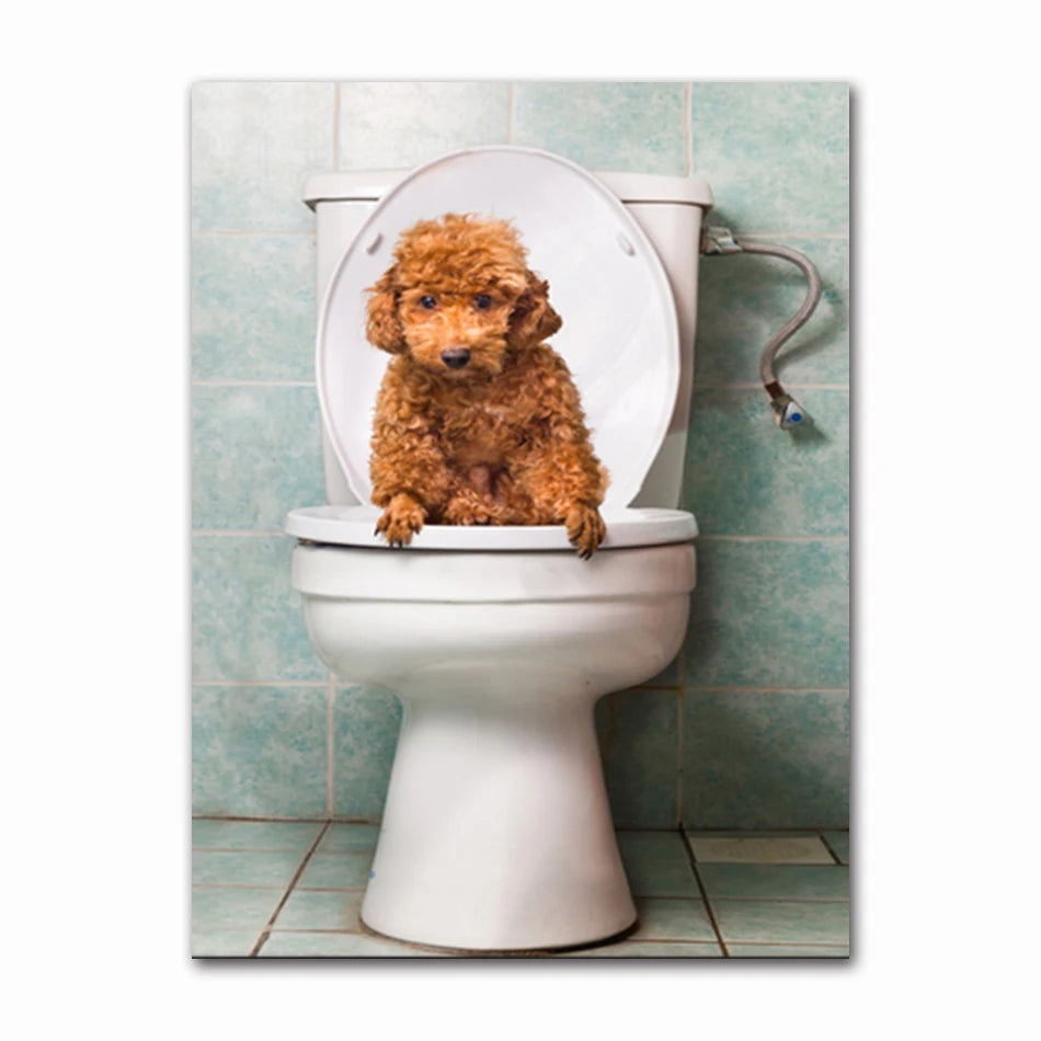 Funny Animal Dog Read Newspaper Oil Painting on Canvas Wall Art Poster Prints Wall Art Picture for Bathroom Toilet Decoration Peaceful Pleasures Health and Wellness