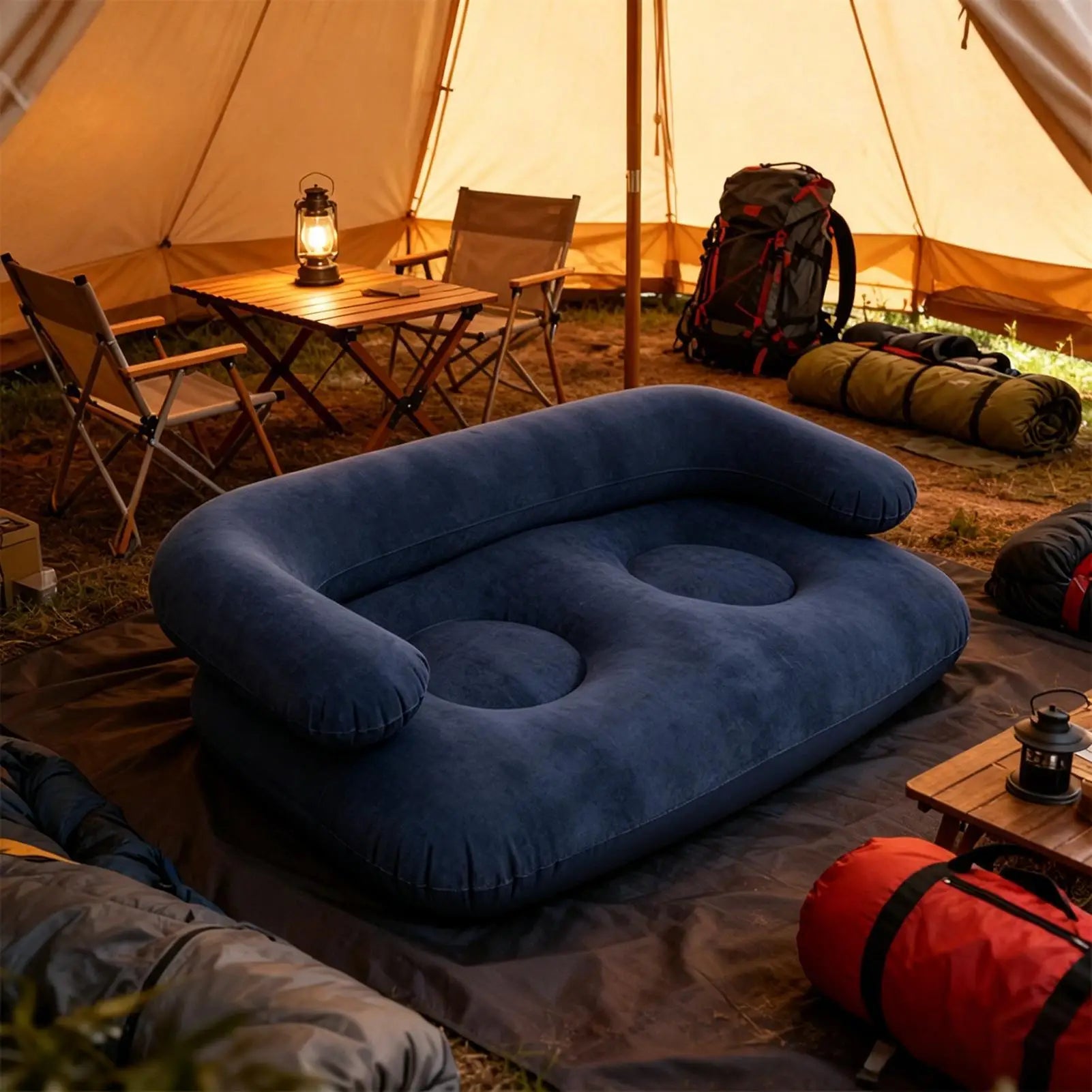 Flocked Inflatable Sofa With Armrest Foldable Portable Blow Up Couch for Indoor Bedroom Outdoor Garden Camping Picnic Travel Peaceful Pleasures Health and Wellness