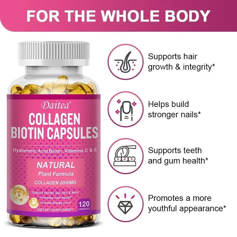 Collagen Biotin Supplement - Hyaluronic Acid Biotin Vitamin C E - Hair Skin Nails Joint Support and Energy Boost Vegan Capsules Peaceful Pleasures Health and Wellness
