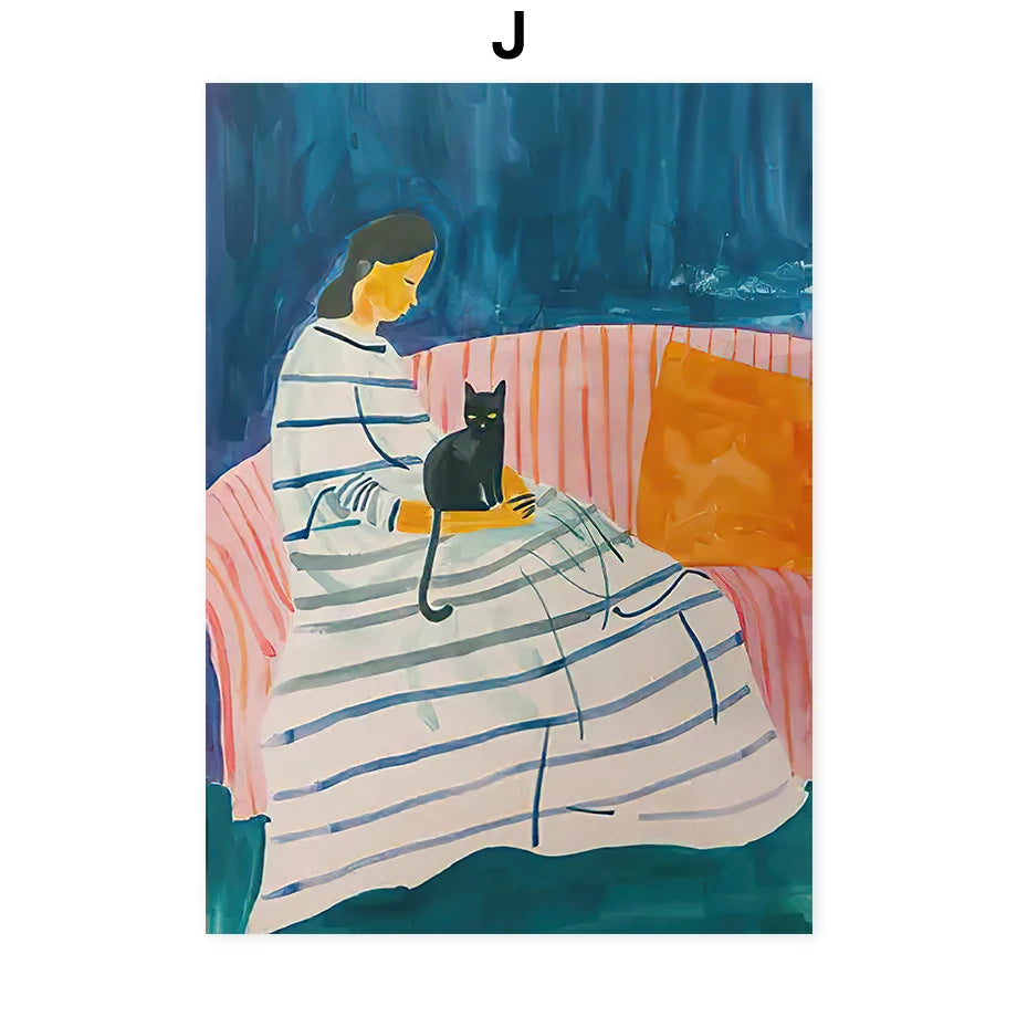 Woman & Cat Abstract Canvas Wall Art Print | Home Décor