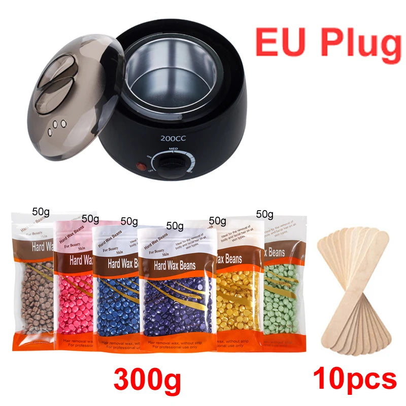 200ML Wax Heater For Hair Removal Hands Feet Depilatory Wax Melting Machine Warmer Dipping Pot Kit / 200g Hard Wax Beans Peaceful Pleasures Health and Wellness 035-B-EU-300g