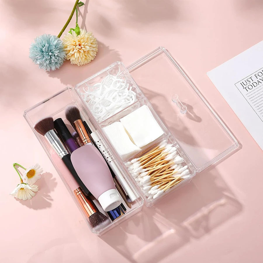 Clear 3-Compartment Bathroom Organizer – Cotton Ball, Swab & Vanity Makeup Storage Container