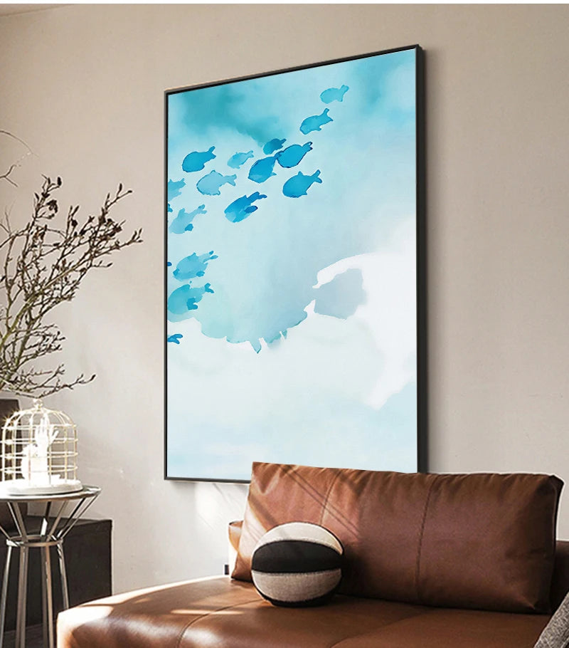 Abstract Poster Cartoon Blue Fish Group Canvas Painting Childlike Wall Art Pictures Print Room Decorative For Nursery Children Peaceful Pleasures Health and Wellness