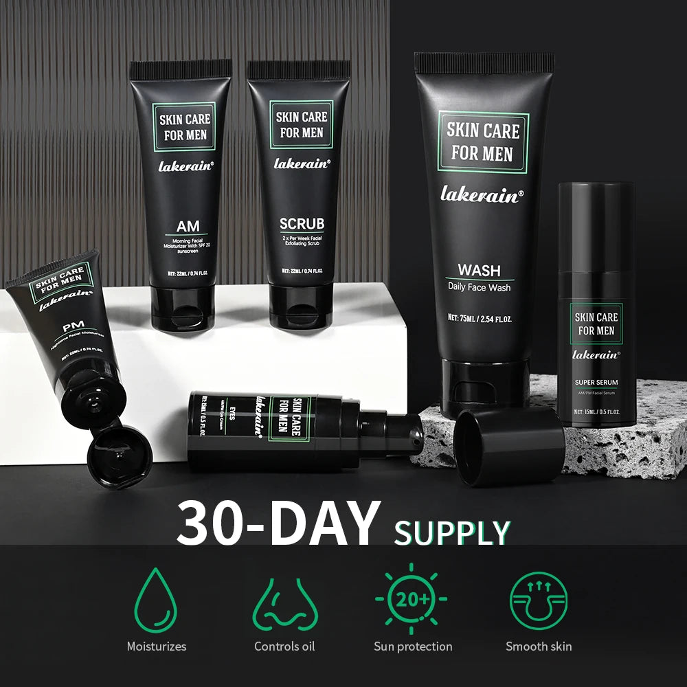 Lakerain Skin Care for Men Kit Oil Control Skin Firming Increase Hydrate Deep Cleaning Face 7 PCS Per Set Travel Skin Care Kit Peaceful Pleasures Health and Wellness
