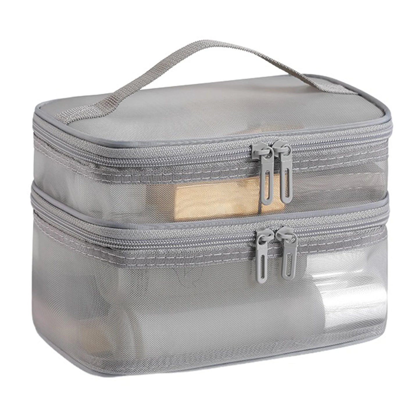 Double Layer Mesh Cosmetic Bag Women's Portable Makeup Toiletry Organiser Pouch With Zipper Large Makeup Pouch For Business Trip Peaceful Pleasures Health and Wellness Gray Double Layer