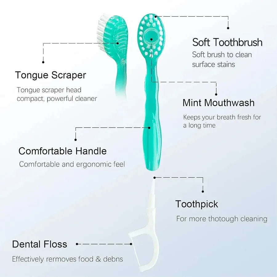 Independently packaged disposable bursting bead toothbrush, dental floss, toothpick, 3-in-1 soft bristled portable travel bag Peaceful Pleasures Health and Wellness