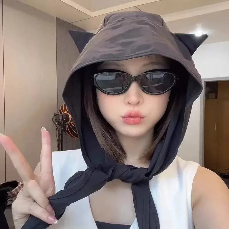 2026 Fashion Summer Fisherman Hat with Strap Trendy Qiuck Dry Cute Ear Design Sunshade Caps for Summer Beach Fishing Hiking Peaceful Pleasures Health and Wellness black
