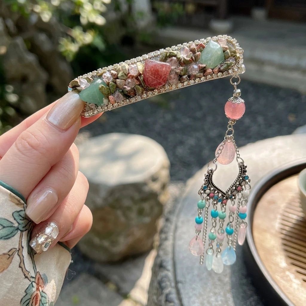 New Chinese Style Hair Clip With Colored Stone Fringe For Wedding And Daily Use Peaceful Pleasures Health and Wellness