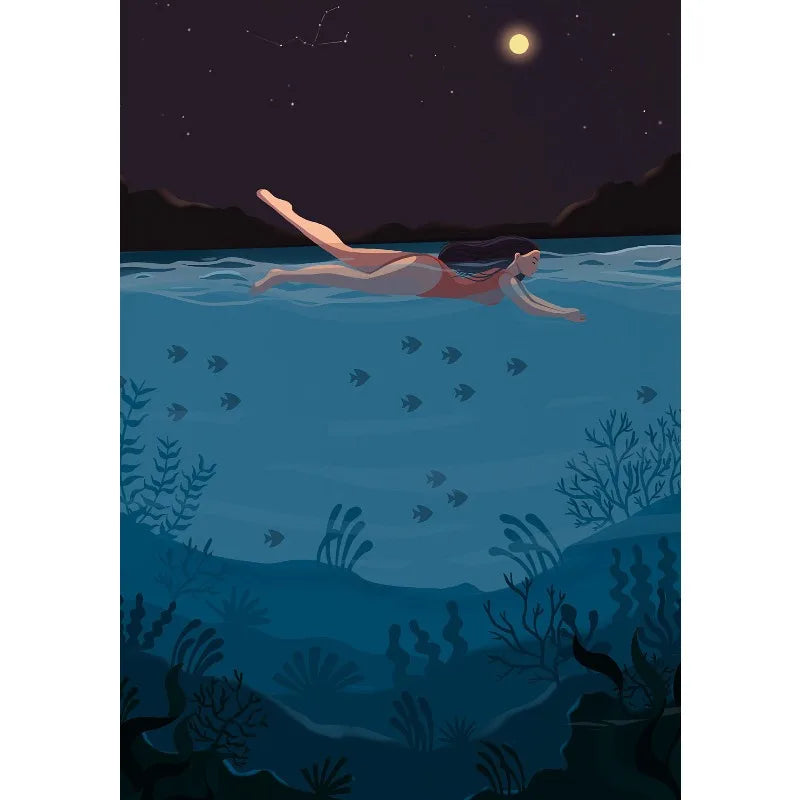 Retro Abstract Summer Swimming Pool Diver Beach Surfing Poster and Printed Canvas Painting Wall Art Pictures Home Bedroom Decor Peaceful Pleasures Health and Wellness 7 30x40cm Unframed