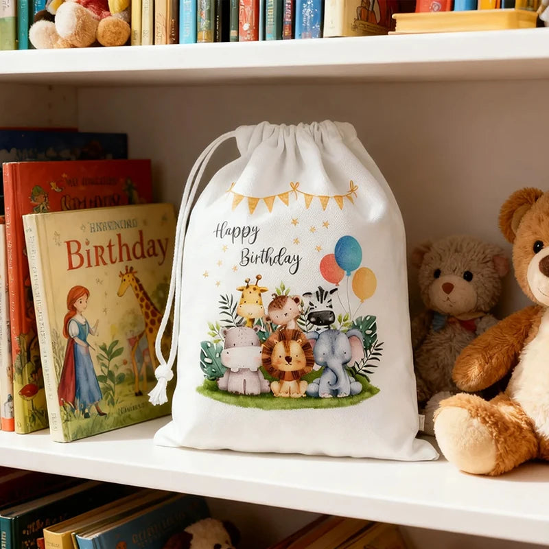 5/10/20pcs Happy Birthday Jungle Safari Drawstring Gift Bags Baby Shower Animals Themed Party Decoration Children's Gift Toy Bag Peaceful Pleasures Health and Wellness