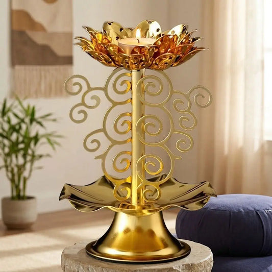 Retro Lotus Tealight Holder | Gold Alloy Metal Candlestick Candle Holder Oasis Select