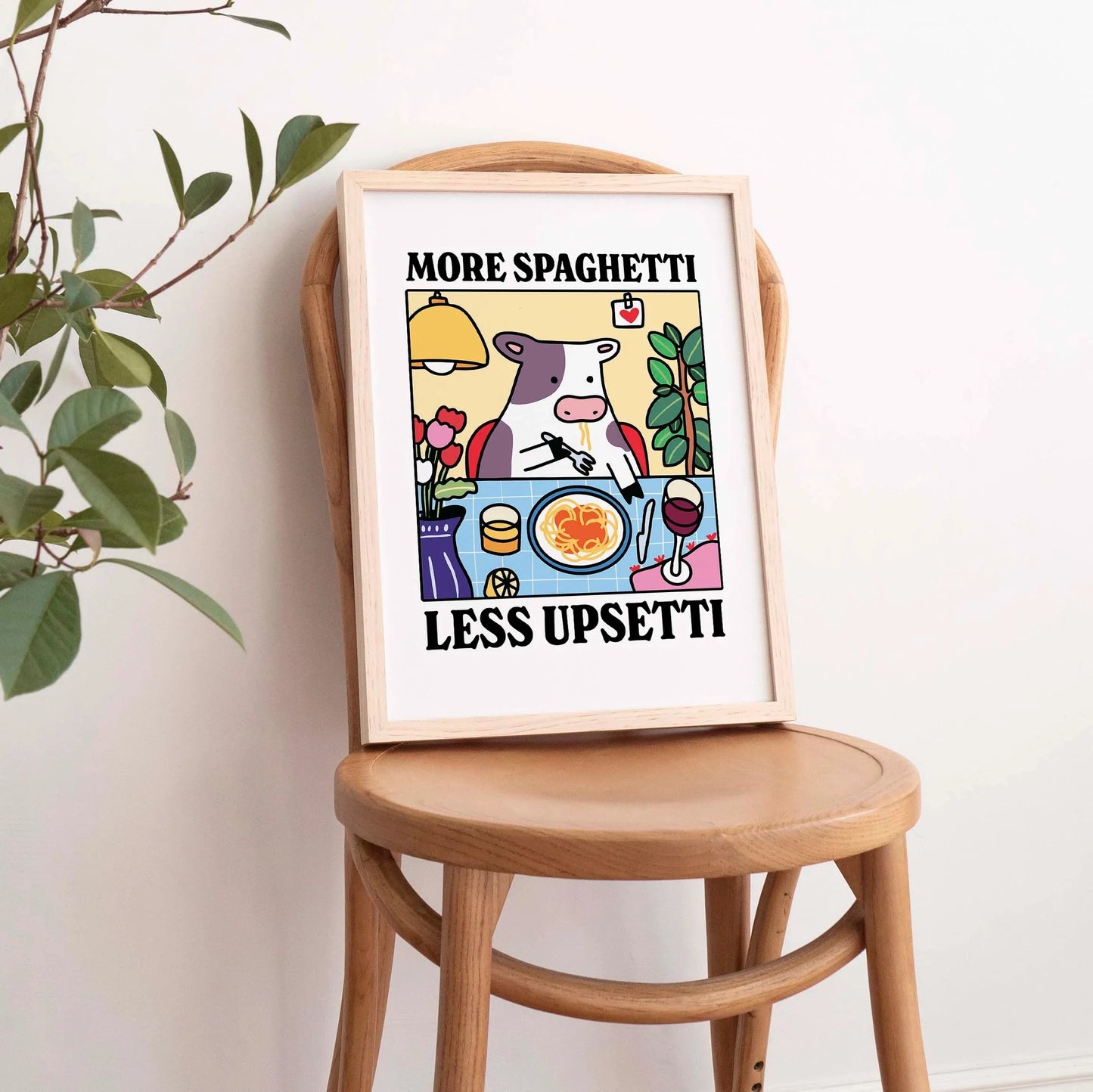 More Spaghetti Less Upsetti Cartoon Cow Wall Art Prints Canvas Painting Poster Picture For Living Children Room Home Decor Gift Peaceful Pleasures Health and Wellness