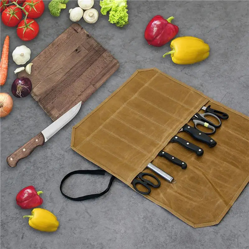 Chef Knife Roll Bag – 7 Pocket Waxed Canvas Knife Organizer Knife Roll Bag Peaceful Pleasures Health and Wellness