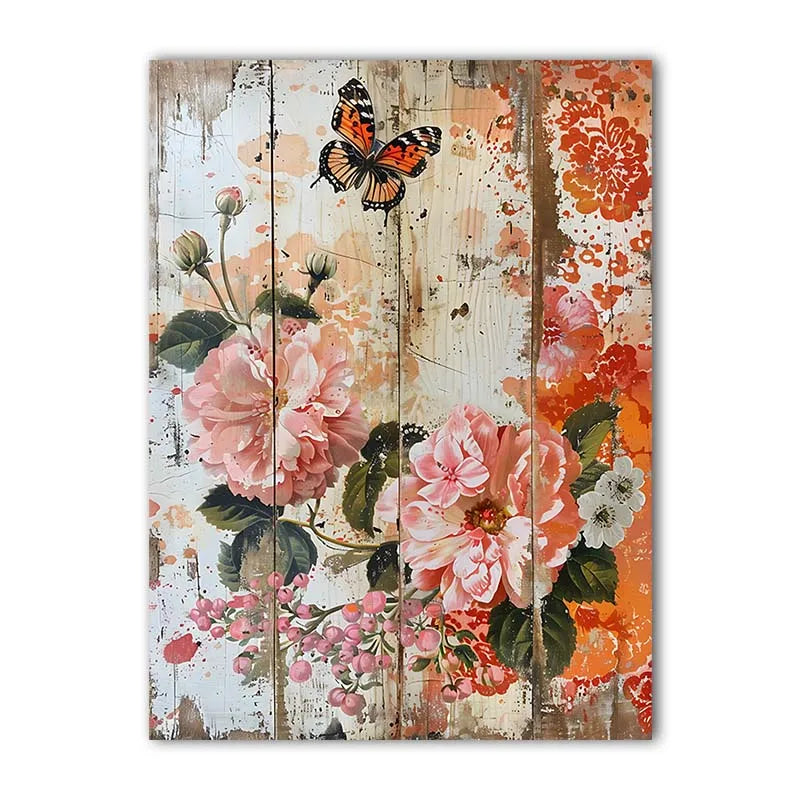 Nordic Wall Art Butterfly & Flowers on Wooden Plank Canvas Painting Nordic Style Poster Prints Bedroom Living Room Wall Decor Peaceful Pleasures Health and Wellness 03 30x40cm No Frame China Mainland