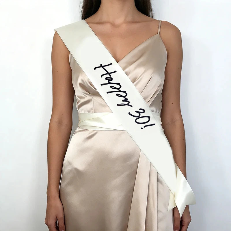 Happy 30th Birthday White Satin Sash for Women | Party Gift Birthday Party Sash Peaceful Pleasures Health and Wellness