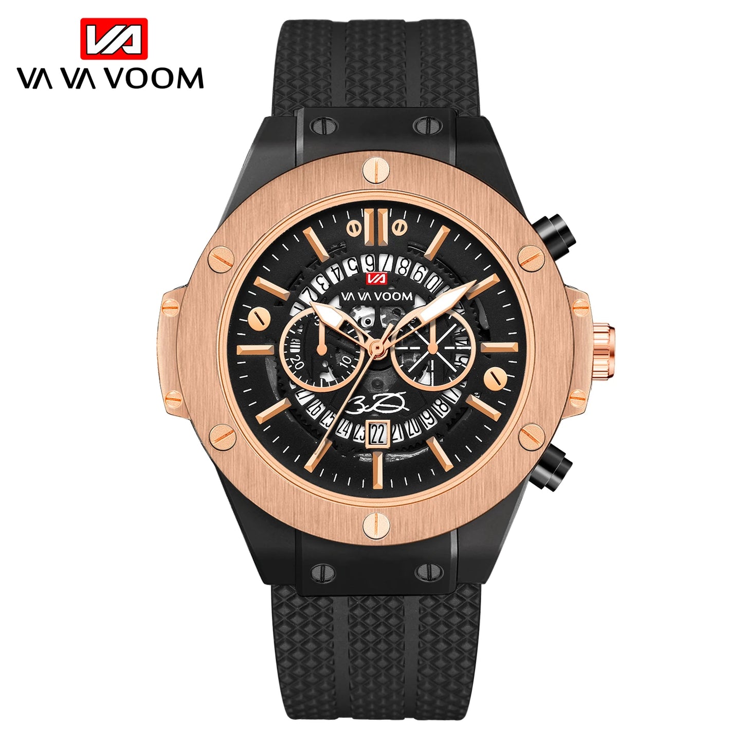 Black Silicone Mens Hand 46mm Hollowed Out Large Dial Rose Gold Fashionable Military Style Original Quartz Movement Sports Watch Peaceful Pleasures Health and Wellness 215F2