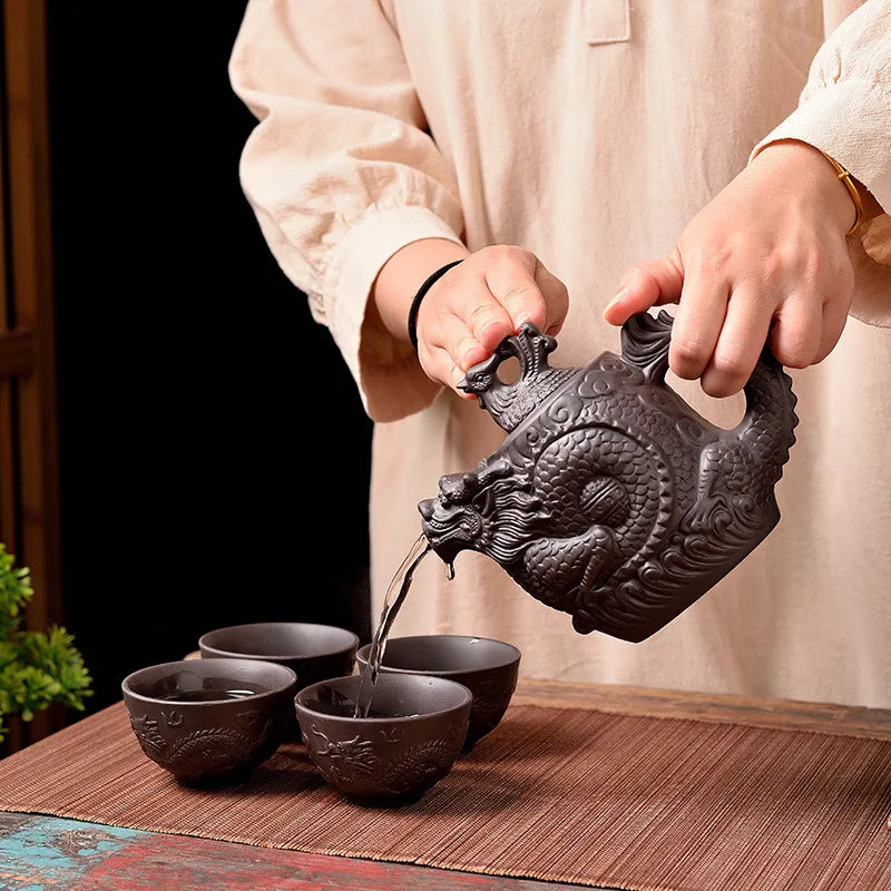 Chinoiserie large capacity dragon and phoenix teapot purple clay teapot kung fu tea set suit teapot tea maker Peaceful Pleasures Health and Wellness