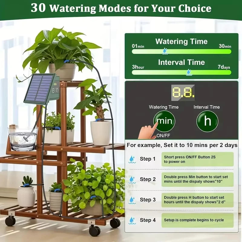 Solar Automatic Drip Irrigation Kit Watering Timer with Water Level Alarm for Outdoor Garden Potted Plants Easy DIY Peaceful Pleasures Health and Wellness