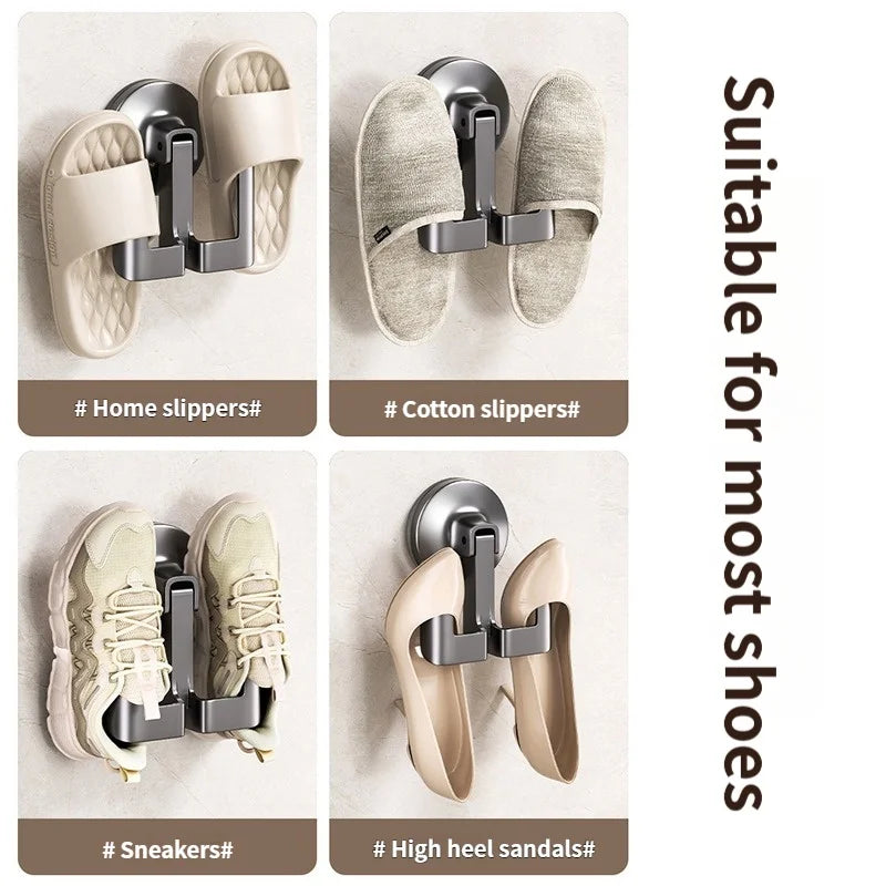 No-Drill Suction Cup Aluminum Bathroom Slipper Rack & Hook