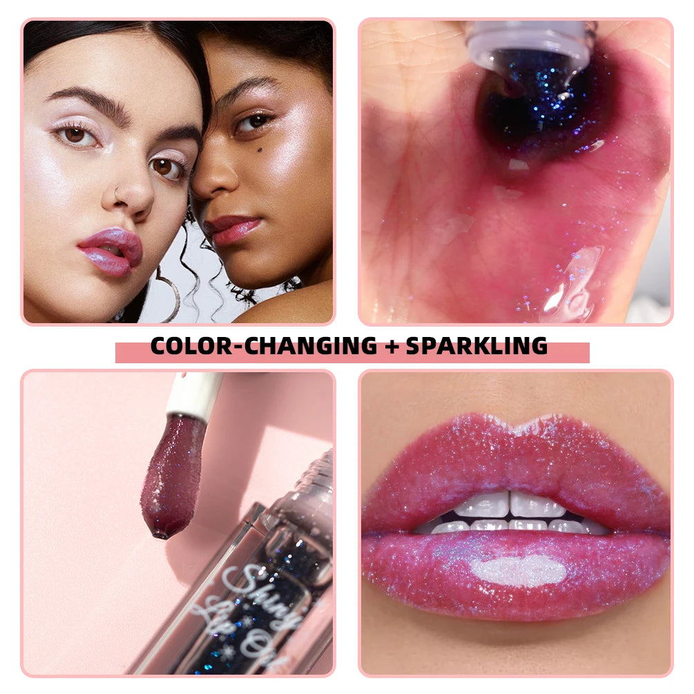 QIBEST Mirror Black Lip Oil Color Changing Lipstick Moisturizing Shiny Lip Gloss Oil Plumping Lasting Diamond Lipgloss Cosmetics Peaceful Pleasures Health and Wellness