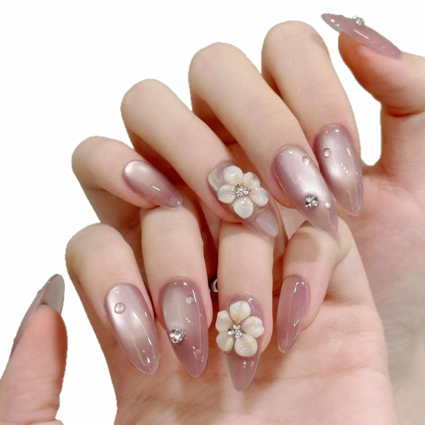 Handmade Press on Nails Embossed Ice Flower Fake Nails Full Cover Almond Tips Wearable Shiny Nude Cat's Eye False Nail Patches Peaceful Pleasures Health and Wellness