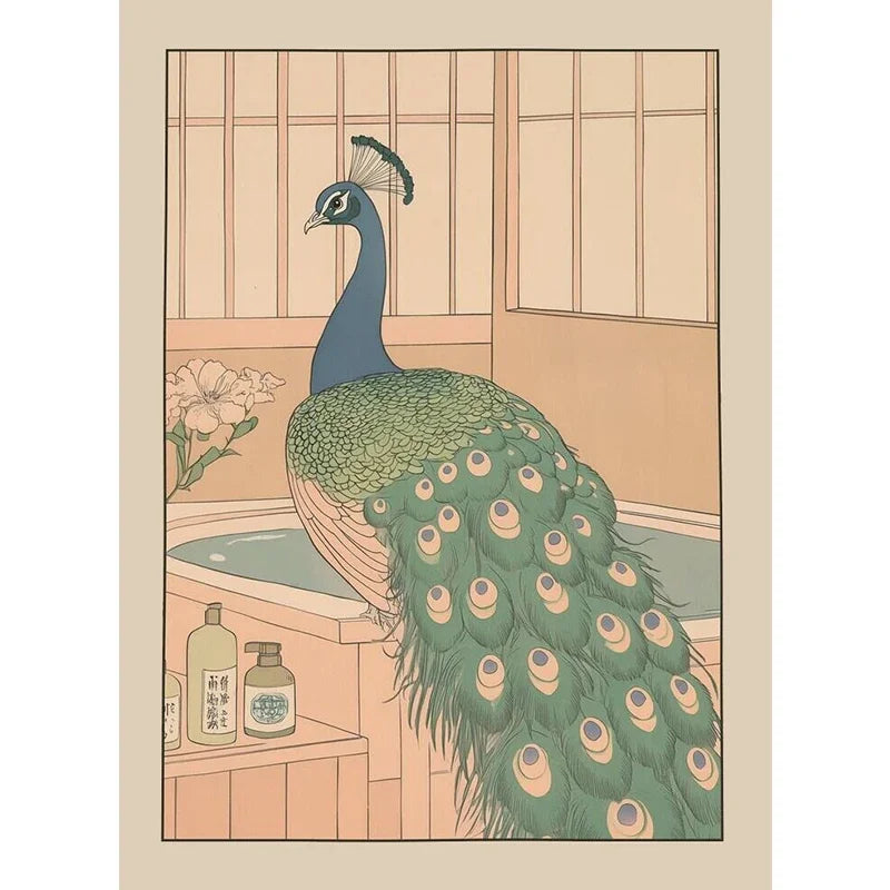 Japanese Cute Animals Bathtub Canvas Wall Art | Bathroom Decor